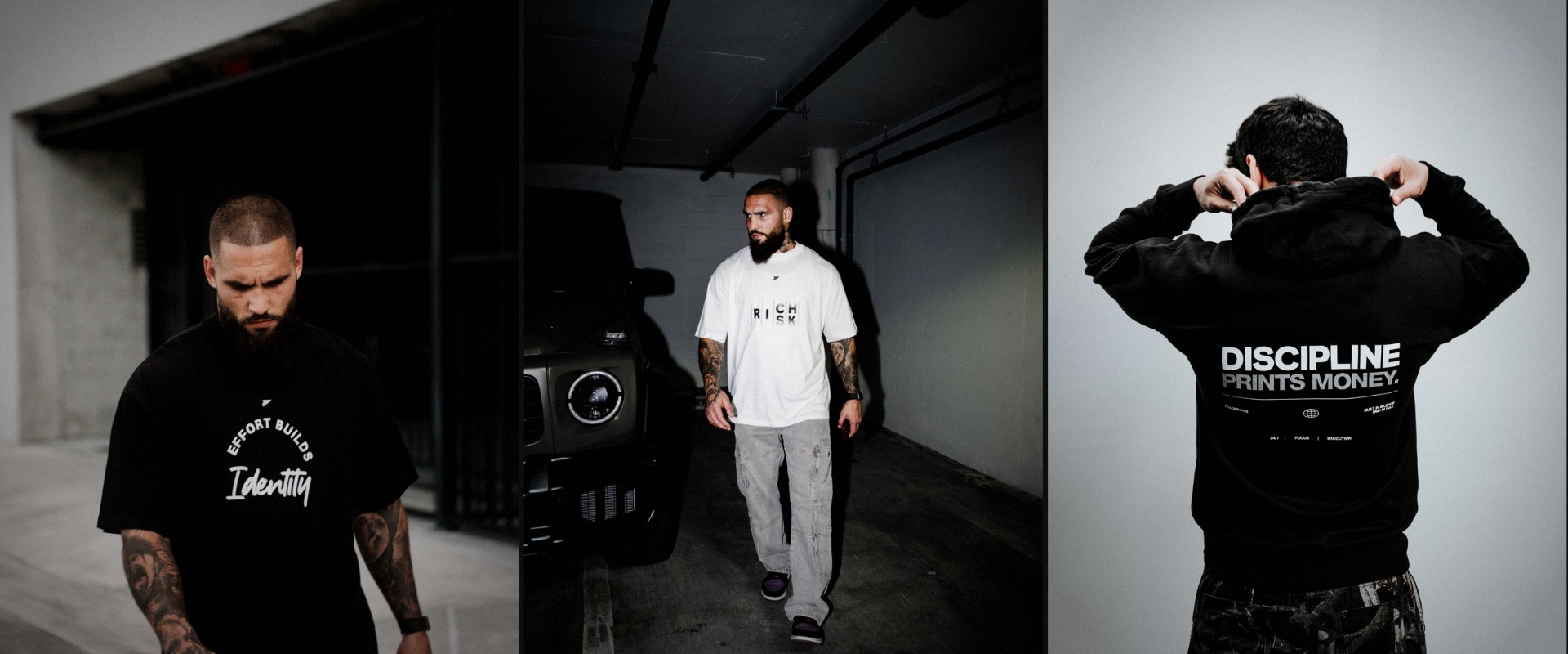 Trader Fits lifestyle triptych of models in heavyweight streetwear